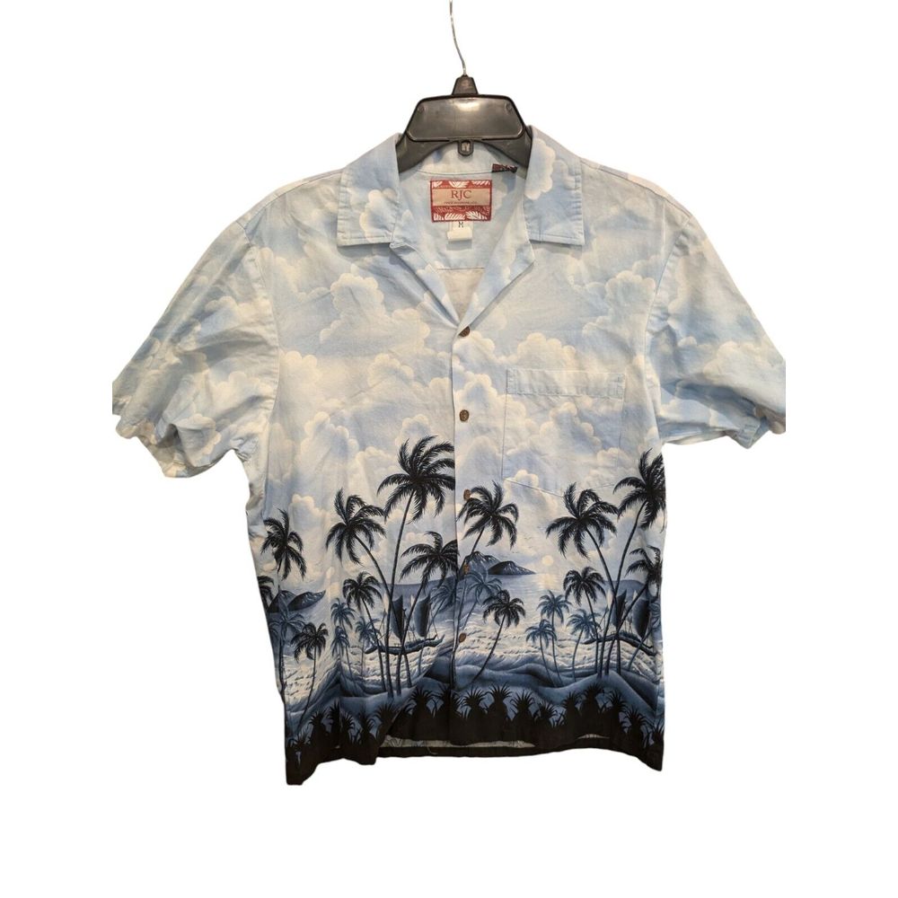 Rjc Hawaiian Floral Blue Palm Tree Shirt Sz Medium